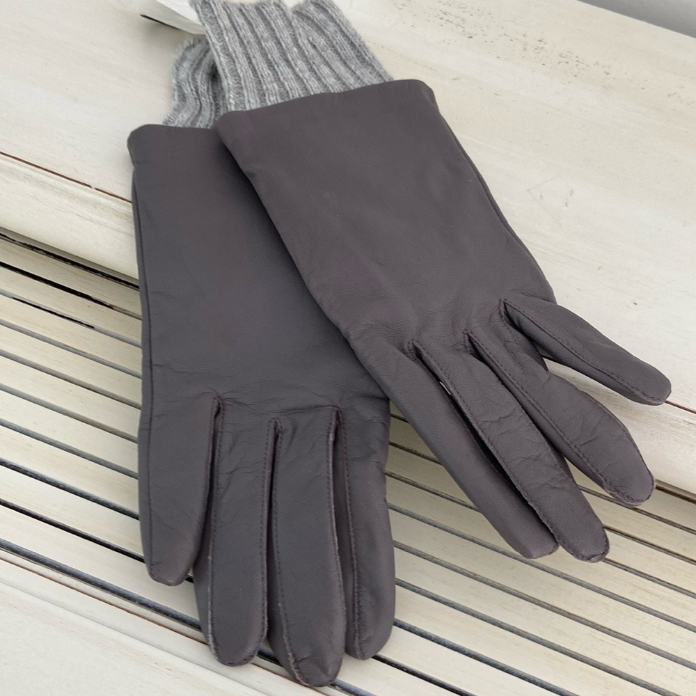 Womens Banana Republic Grey Leather Winter Driving Gloves Ribbed Knitted Cuff